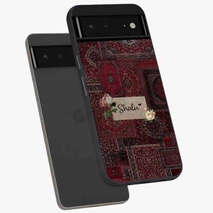 Velvet Wine Pattern Custom Name Glass Case displayed in angled mockup highlighting decorative velvet inspired design with custom name feature.