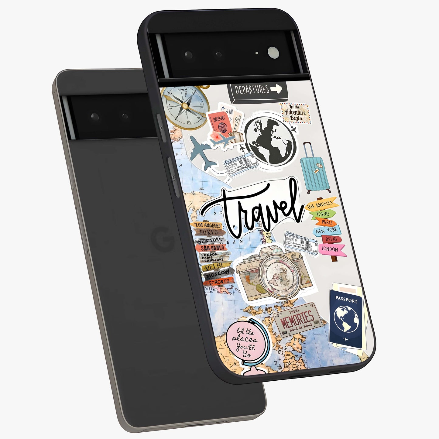 Wanderlust Journal Glass Case displayed in angled mockup highlighting adventure themed design with aesthetic travel vibe.