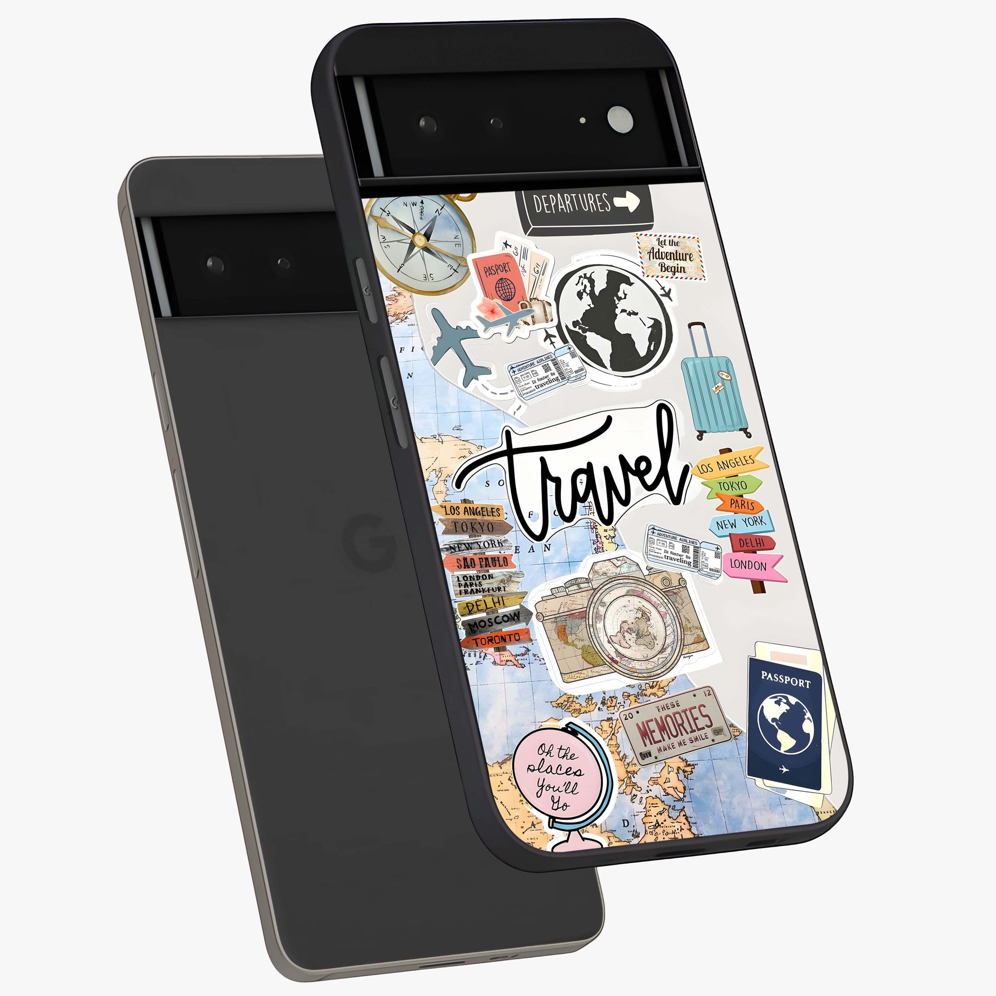 Wanderlust Journal Glass Case displayed in angled mockup highlighting adventure themed design with aesthetic travel vibe.