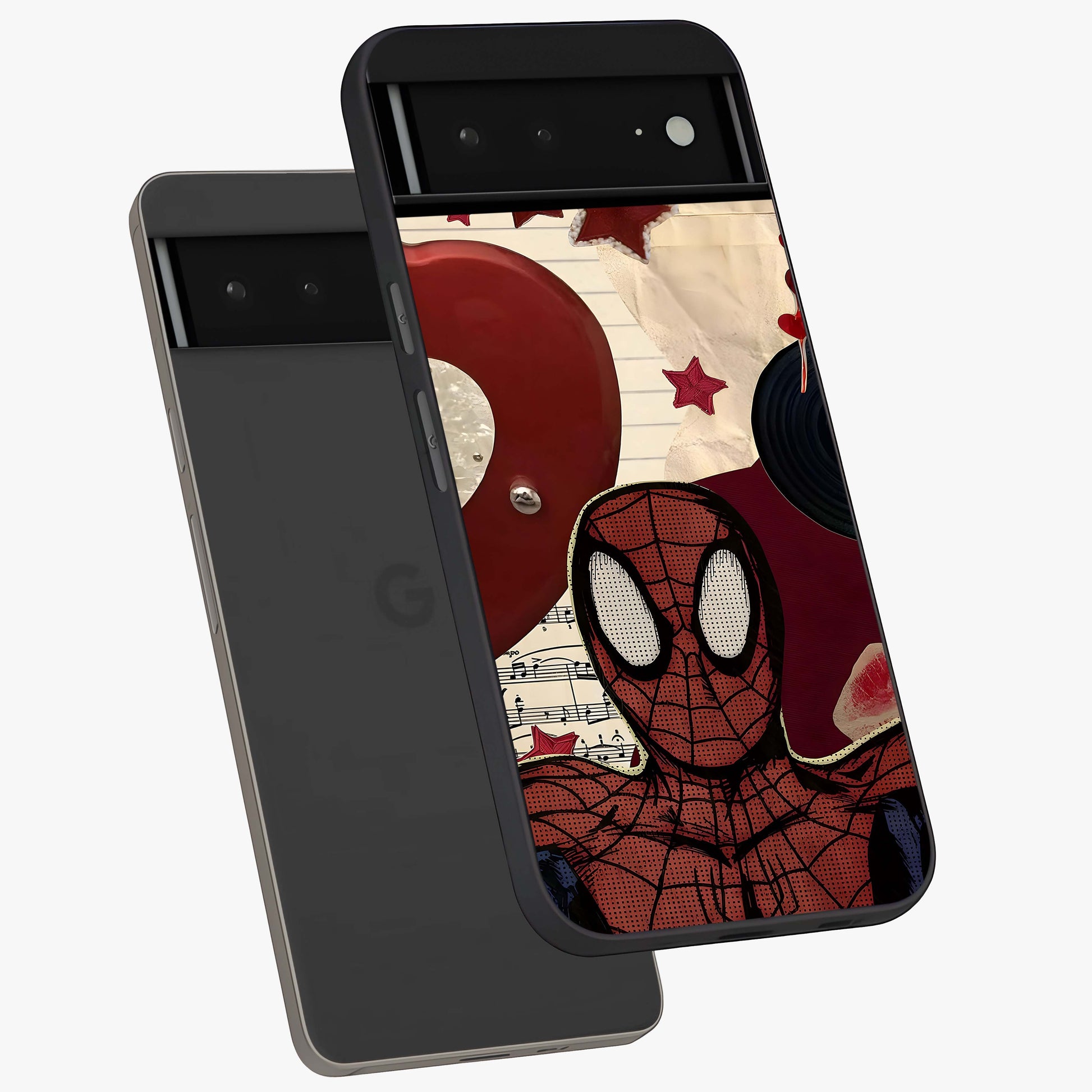 Web Warrior Vibes Glass Case displayed in angled mockup highlighting dynamic web design with comic style aesthetic.