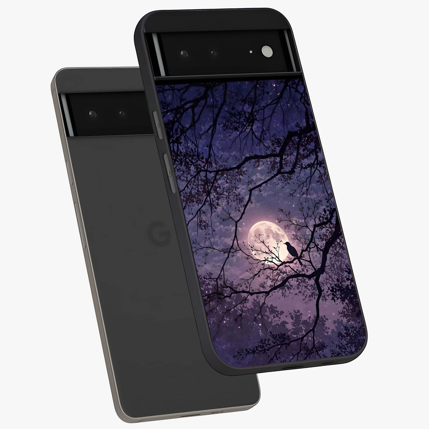 Whispering Moon Silence Glass Case displayed in angled mockup highlighting calm lunar design with dreamy night aesthetic.