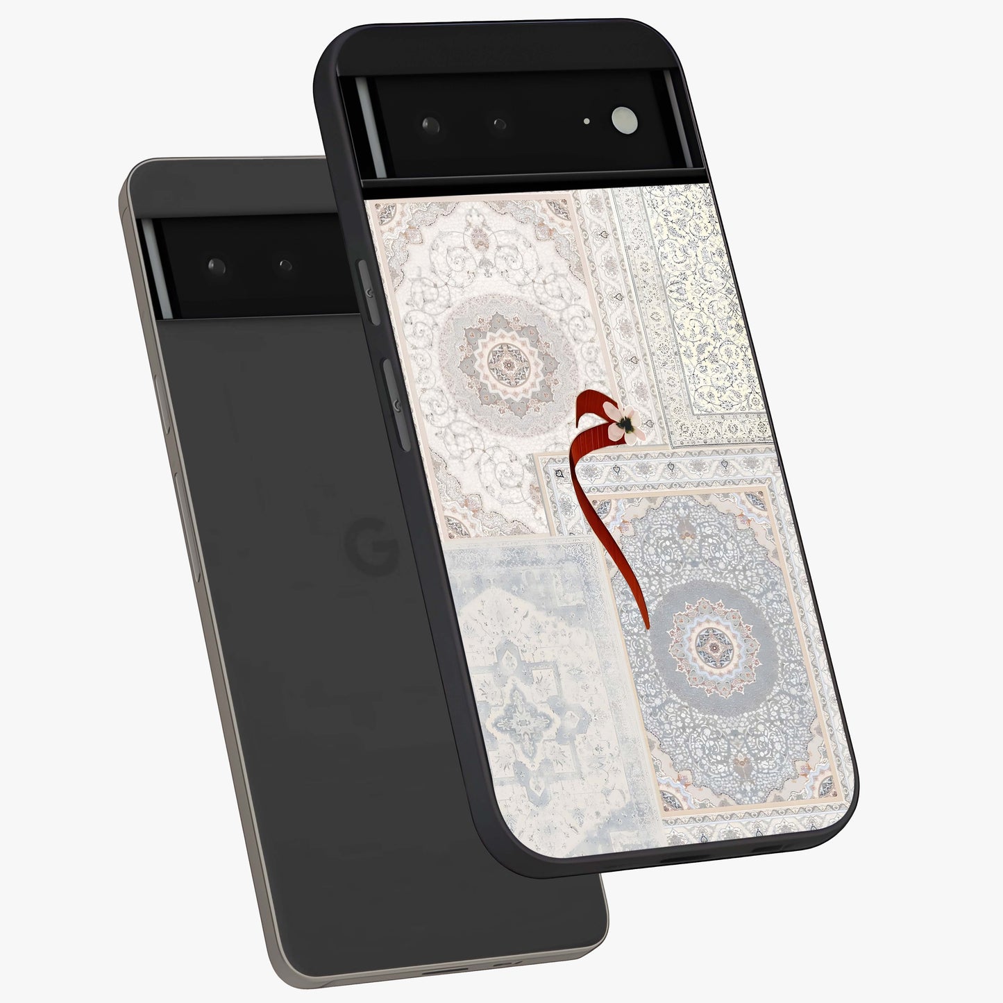 White Aesthetic Bow Glass Case displayed in angled mockup highlighting clean bow design with soft aesthetic style.