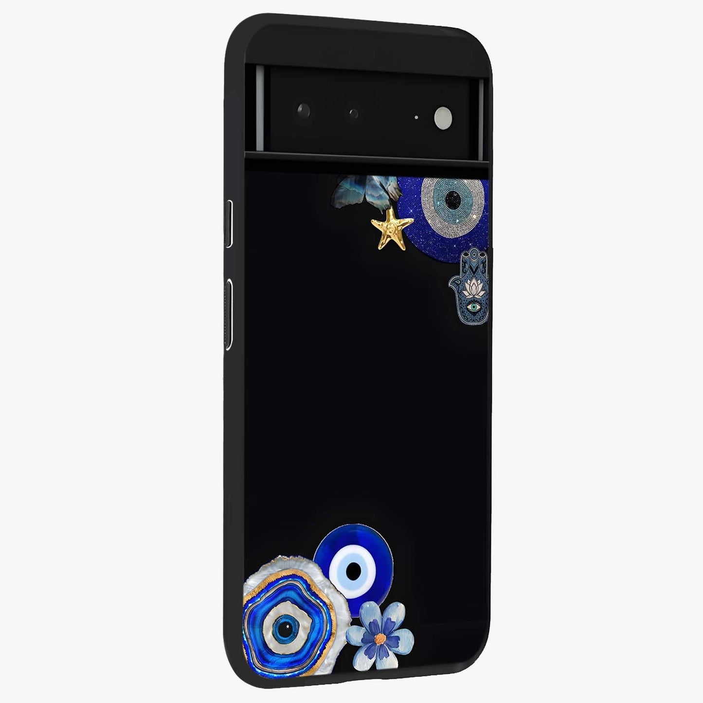Aesthetic Blue Evil Eye Glass Case upright view showcasing mystical evil eye graphic with minimal aesthetic style.