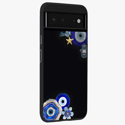 Aesthetic Blue Evil Eye Glass Case upright view showcasing mystical evil eye graphic with minimal aesthetic style.