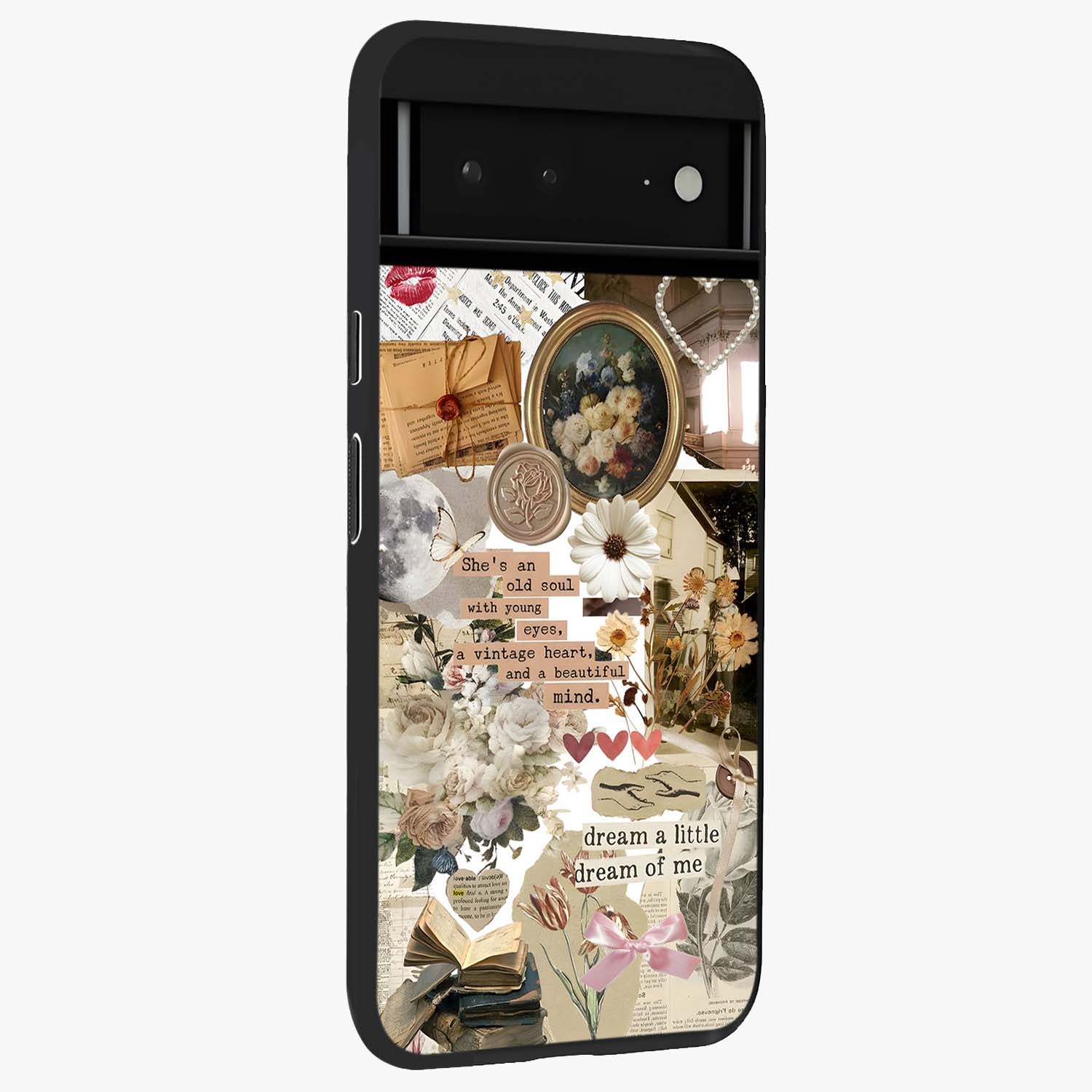 Aesthetic Brown Vintage Collage Glass Case upright view showcasing nostalgic retro artwork with stylish vintage theme.