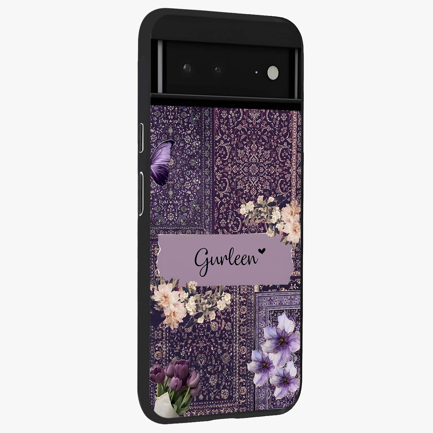 Antique Floral Whisper Custom Name Glass Case upright view showcasing delicate floral artwork with custom name feature.