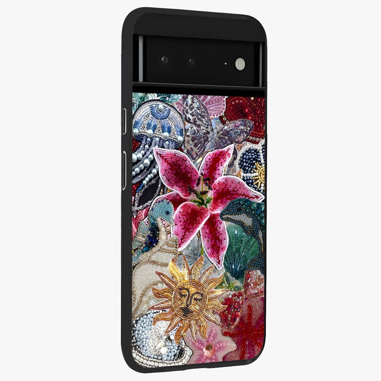 Beaded Garden Fantasy Glass Case upright view showcasing whimsical garden aesthetic with artistic bead details.