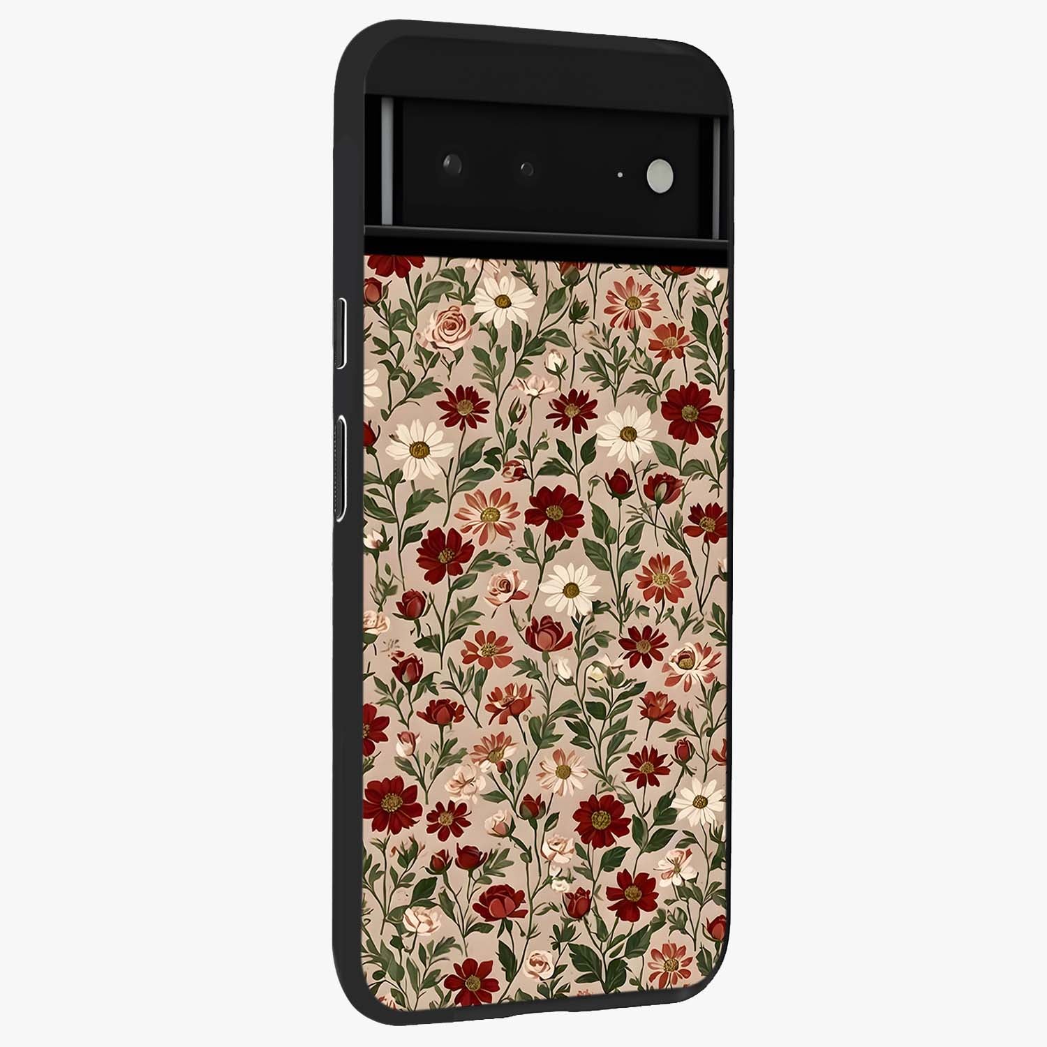 Biege Flower With Leaf Glass Case upright view showcasing delicate beige flower illustration with clean botanical style.