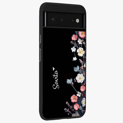 Black Elegance Floral Custom Name Glass Case upright view showcasing luxurious black floral design with personalized name detail.