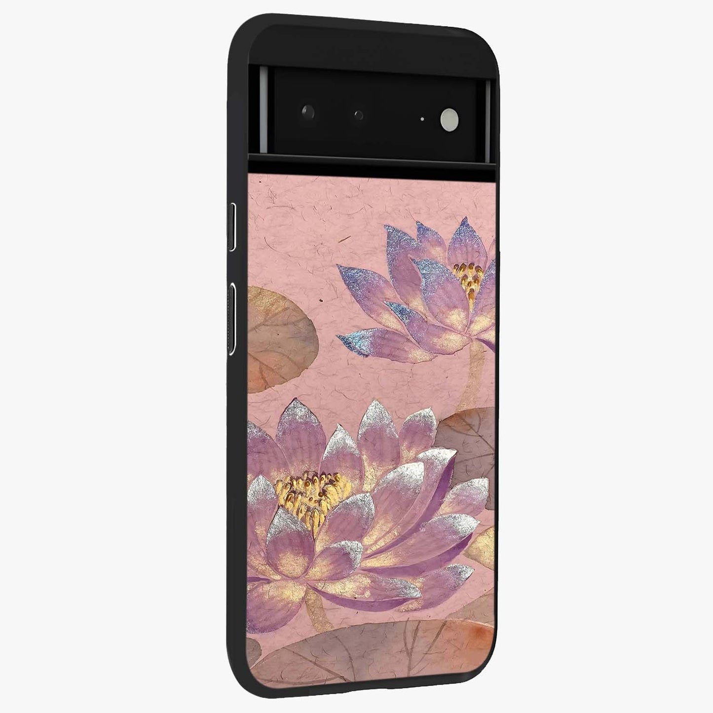 Blossom Mist Lotus Glass Case upright view showcasing graceful lotus flower design with peaceful botanical style.