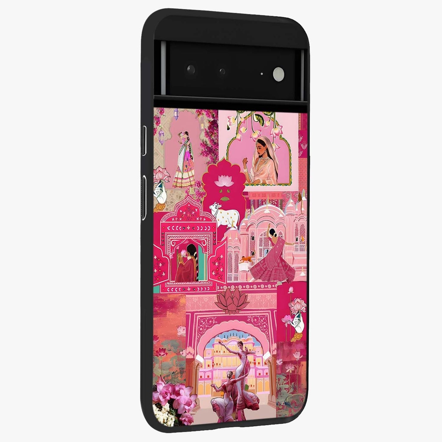 Blossoms of Rajasthan Glass Case upright view showcasing colorful floral design inspired by traditional Indian art.