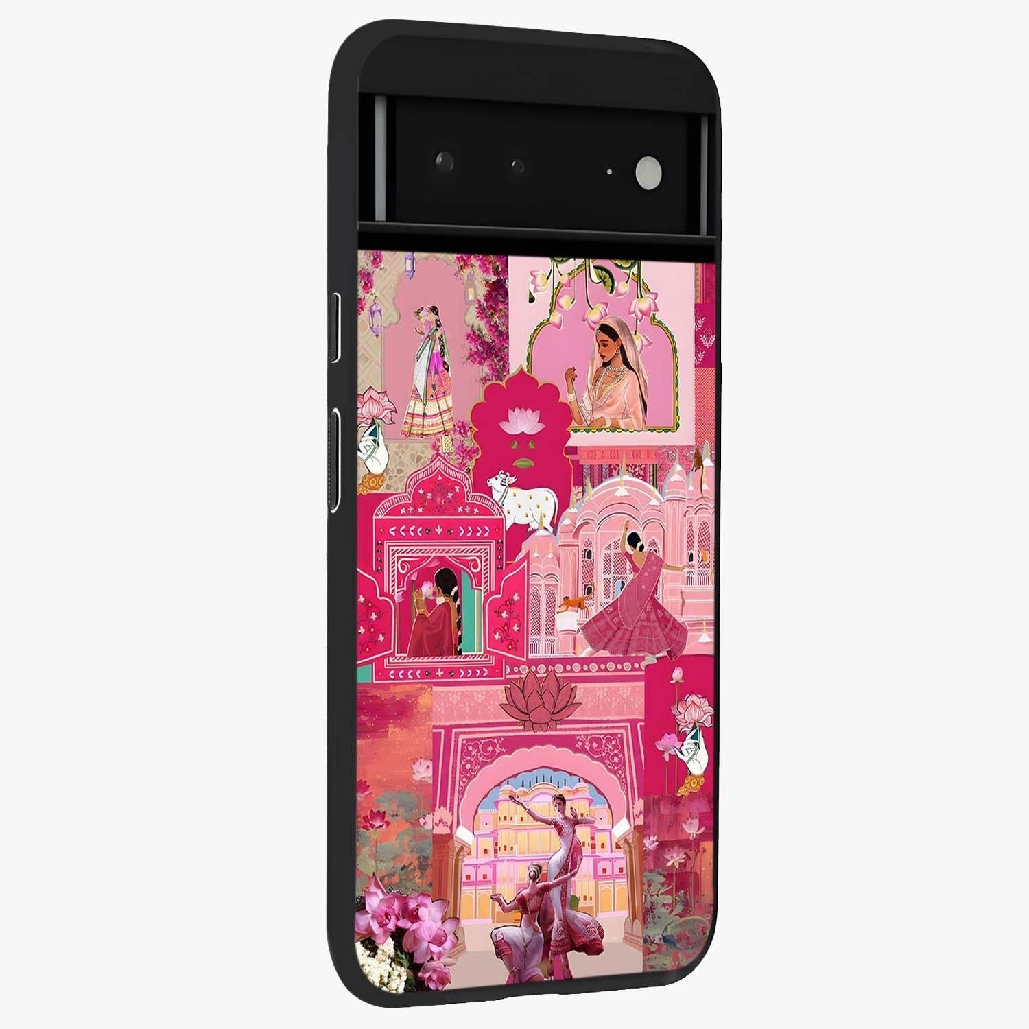 Blossoms of Rajasthan Glass Case upright view showcasing colorful floral design inspired by traditional Indian art.