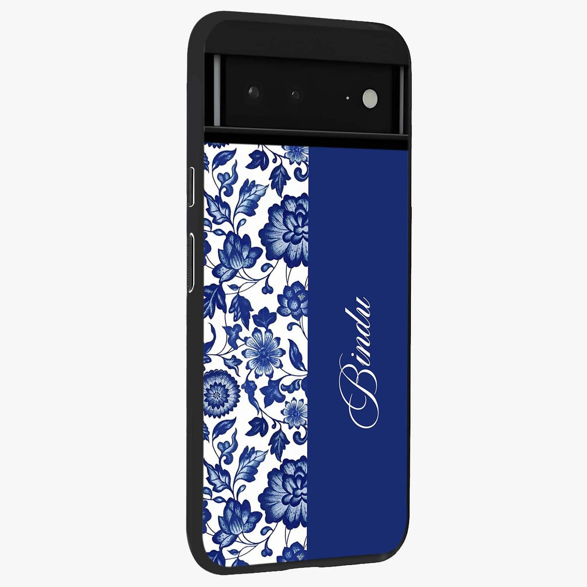 Blue Vintage Floral Pattern Glass Case upright view showcasing delicate blush floral texture with modern minimal style.