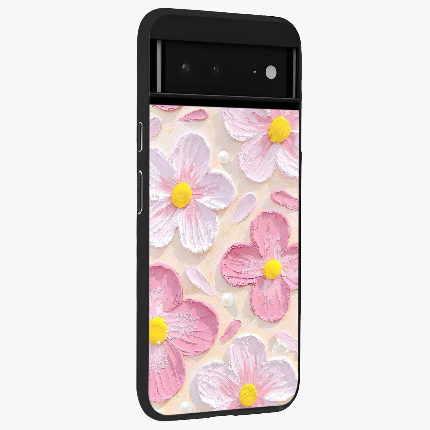 Blush Bloom Texture Glass Case upright view showcasing delicate blush floral texture with modern minimal style.