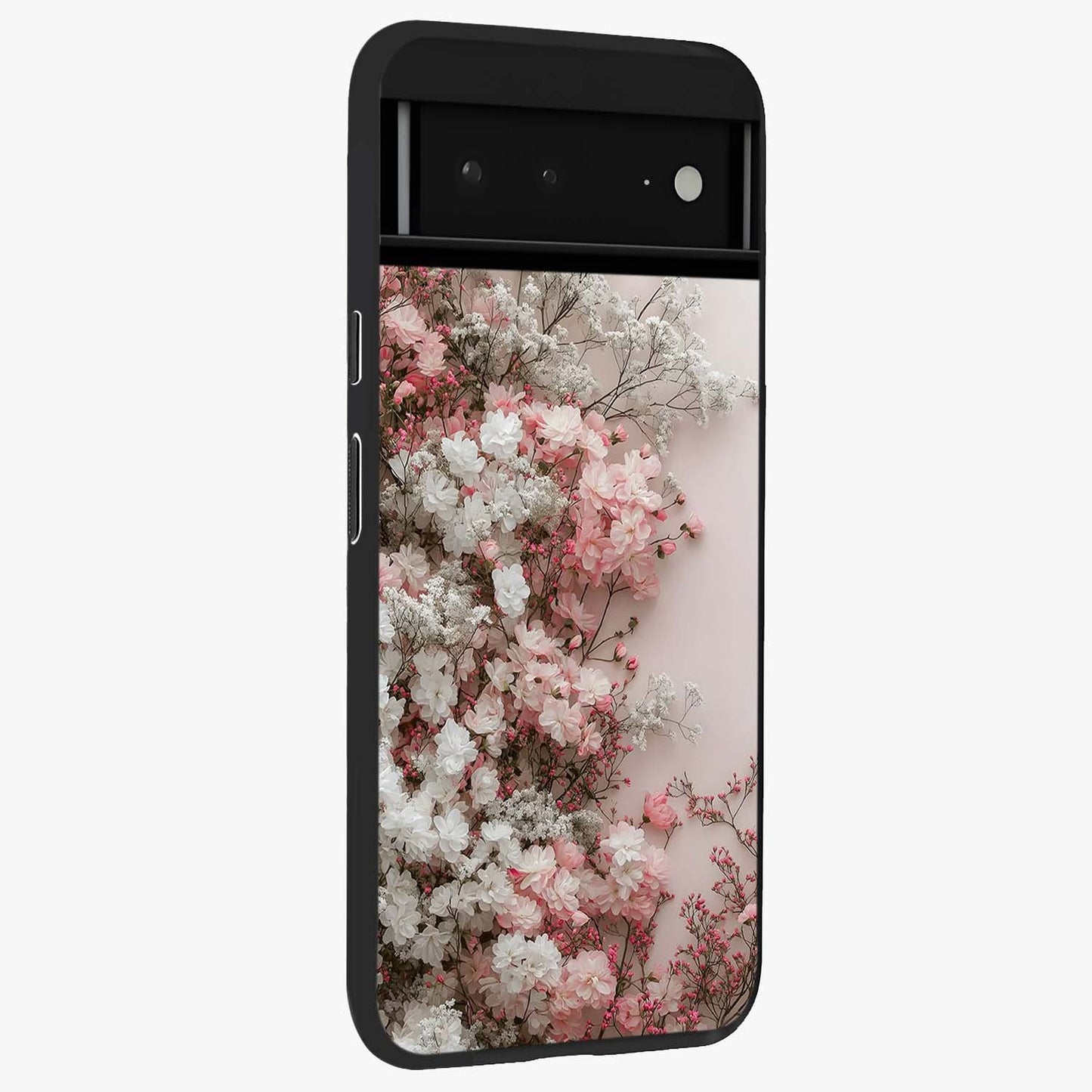 Blush Blossom Cloud Glass Case upright view showcasing calm floral cloud artwork with gentle dreamy theme.