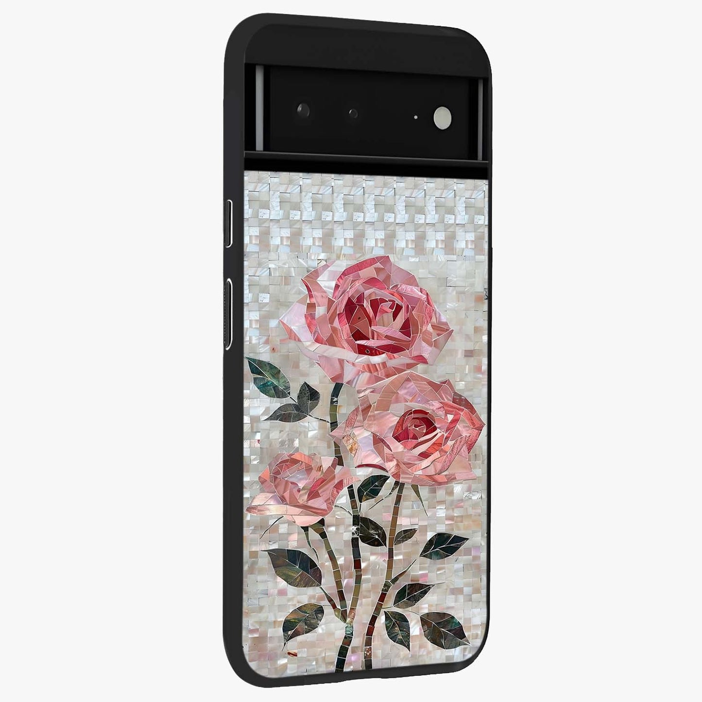 Blush Mosaic Bloom Glass Case upright view showcasing decorative floral mosaic artwork with stylish modern aesthetic.
