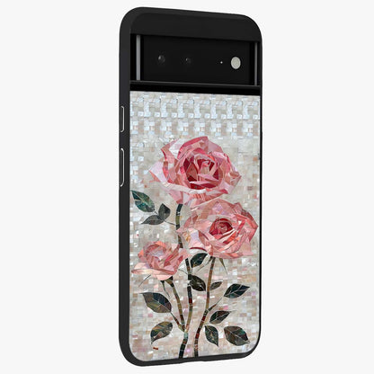 Blush Mosaic Bloom Glass Case upright view showcasing decorative floral mosaic artwork with stylish modern aesthetic.