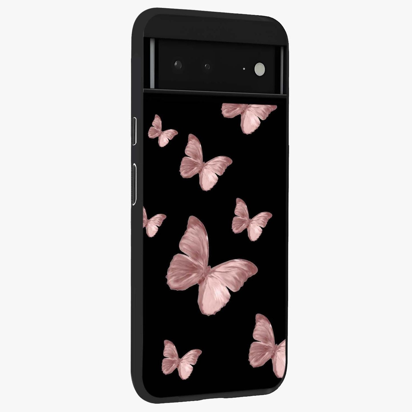 Butterfly Pattern Glass Case upright view showcasing graceful butterfly artwork with soft decorative theme.
