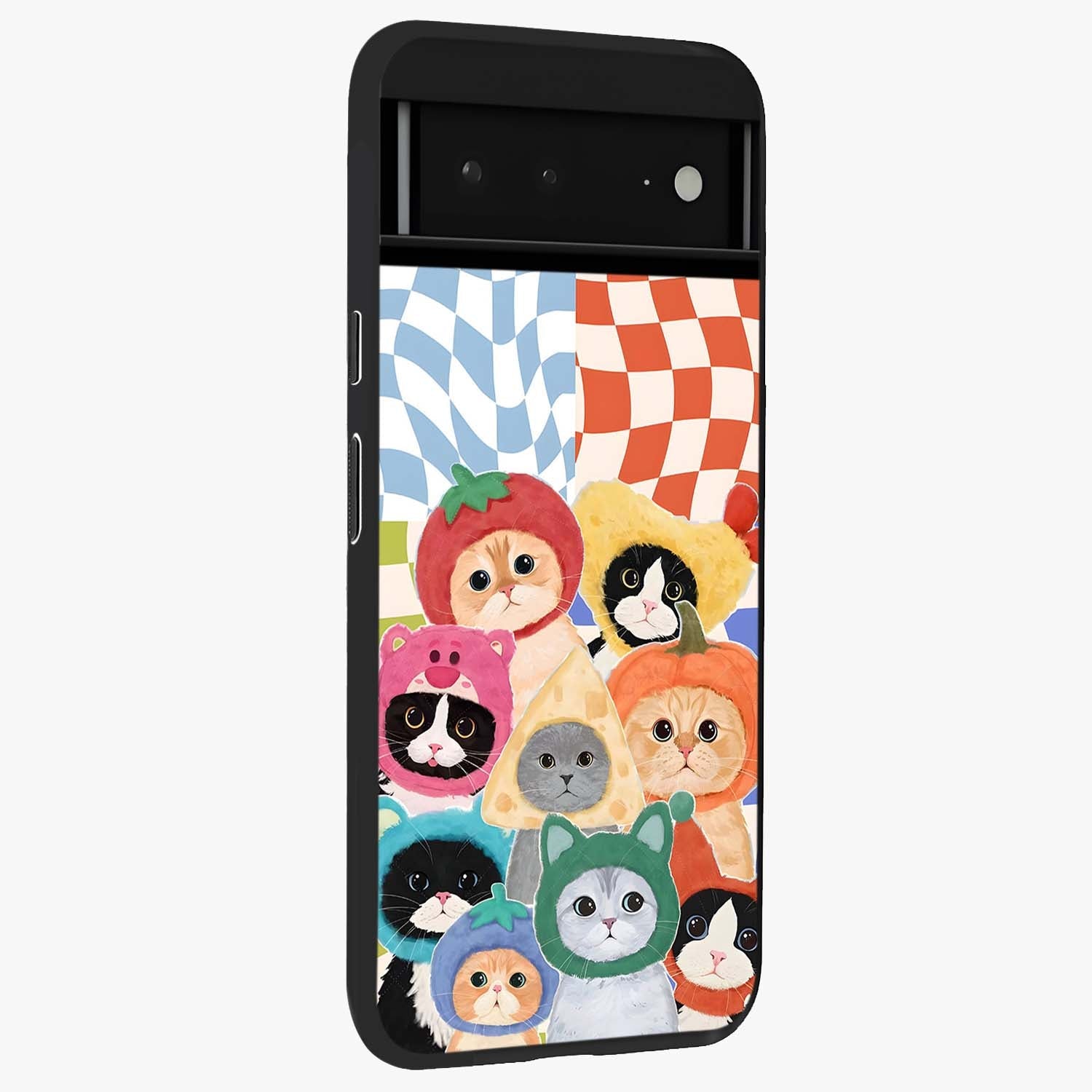 Cats in Fruits Glass Case upright view showcasing charming cat artwork with fun fruity theme.