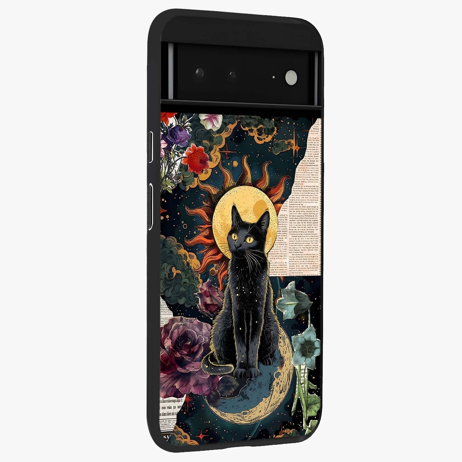 Celestial Black Cat Glass Case upright view showcasing magical black cat illustration with starry cosmic theme.