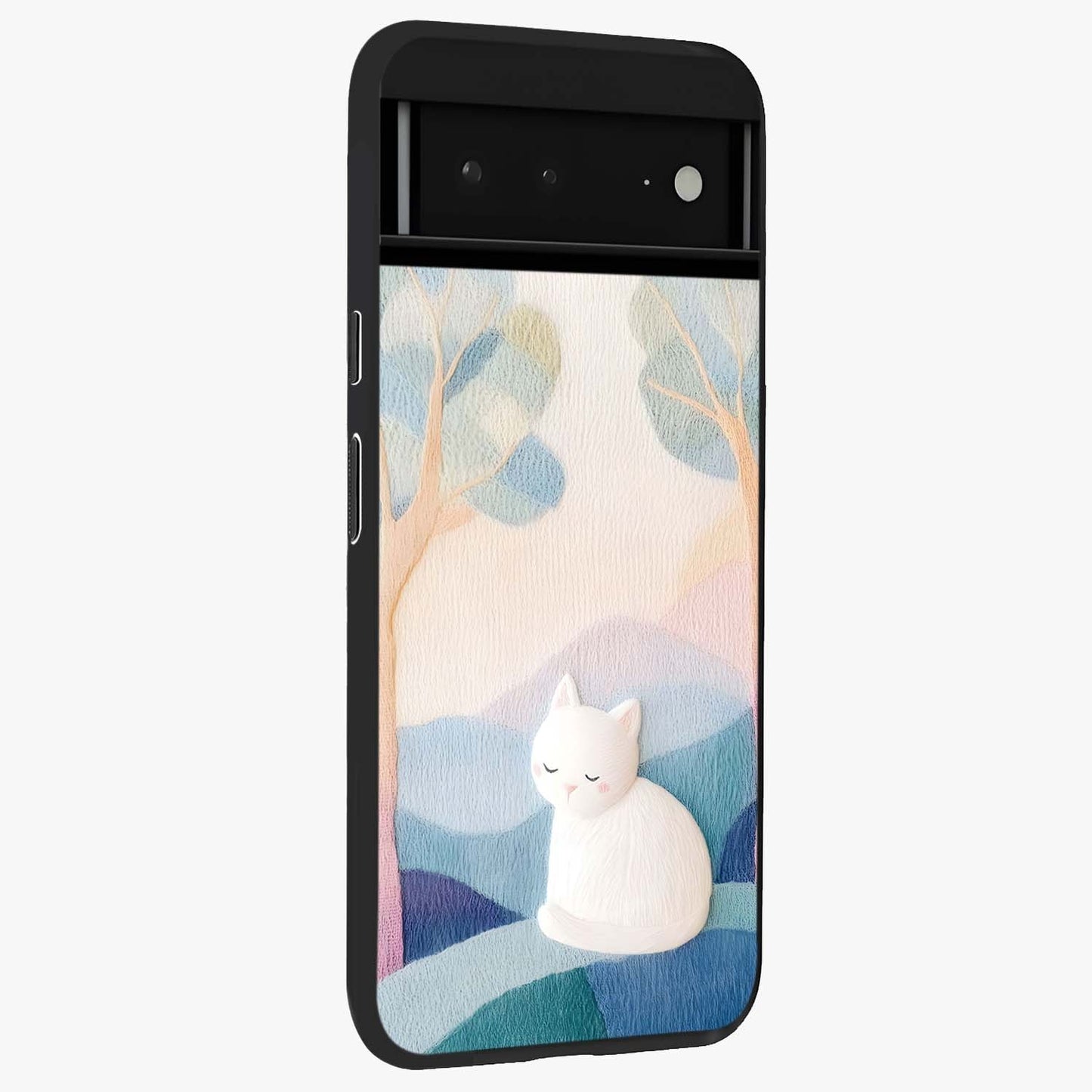 Cotton Dream Cat Glass Case upright view showcasing charming cat artwork with cozy dreamy theme.