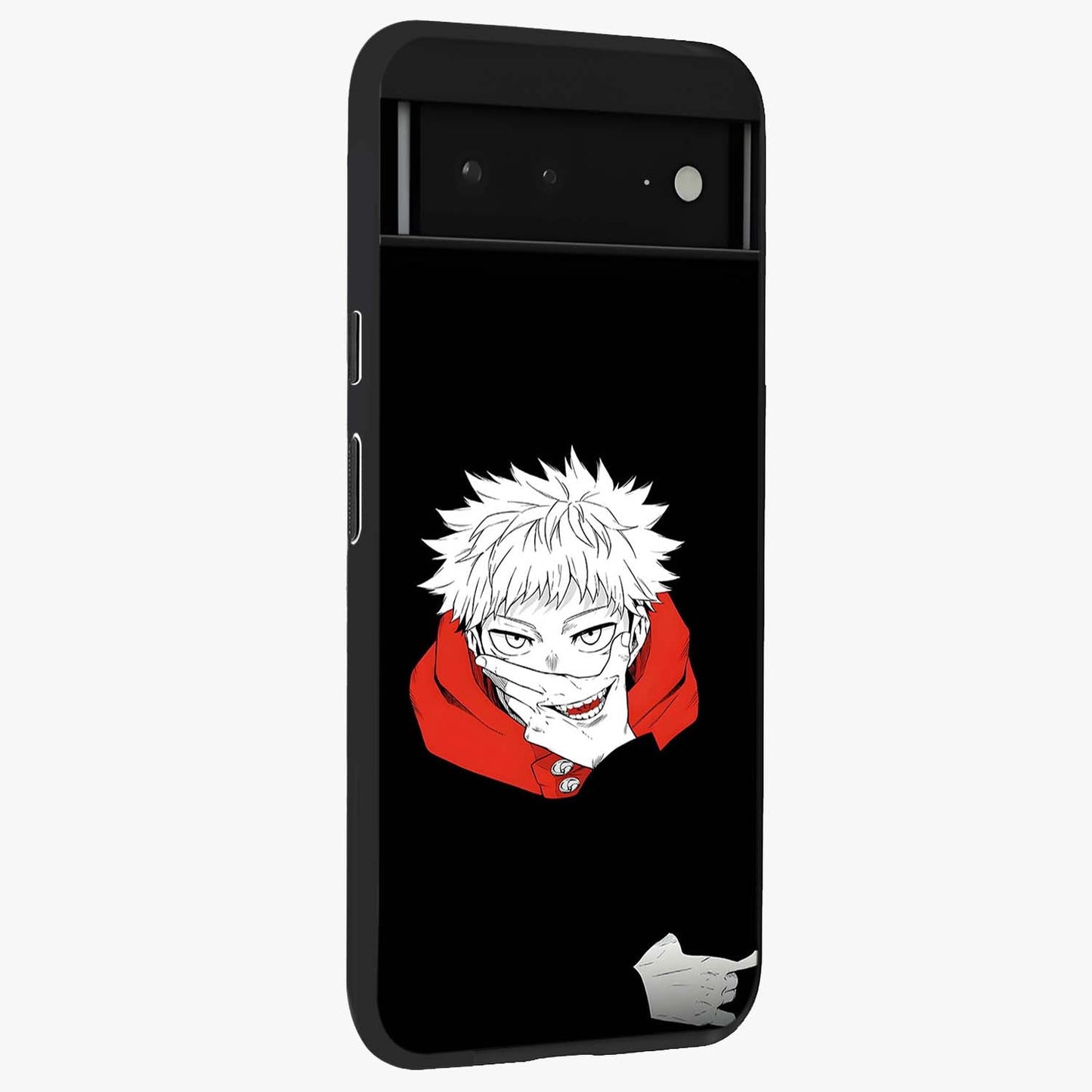 Crimson Chaos Smile Glass Case upright view showcasing expressive chaotic artwork with striking visual theme.