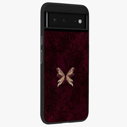 Crimson Fade Butterfly Glass Case upright view showcasing graceful butterfly artwork with soft crimson fade effect.