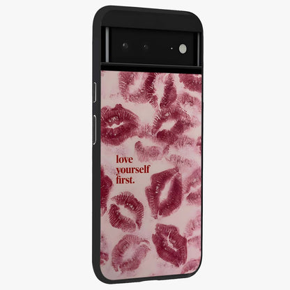 Crimson Kiss Love Glass Case upright view showcasing expressive romantic artwork with deep crimson theme.