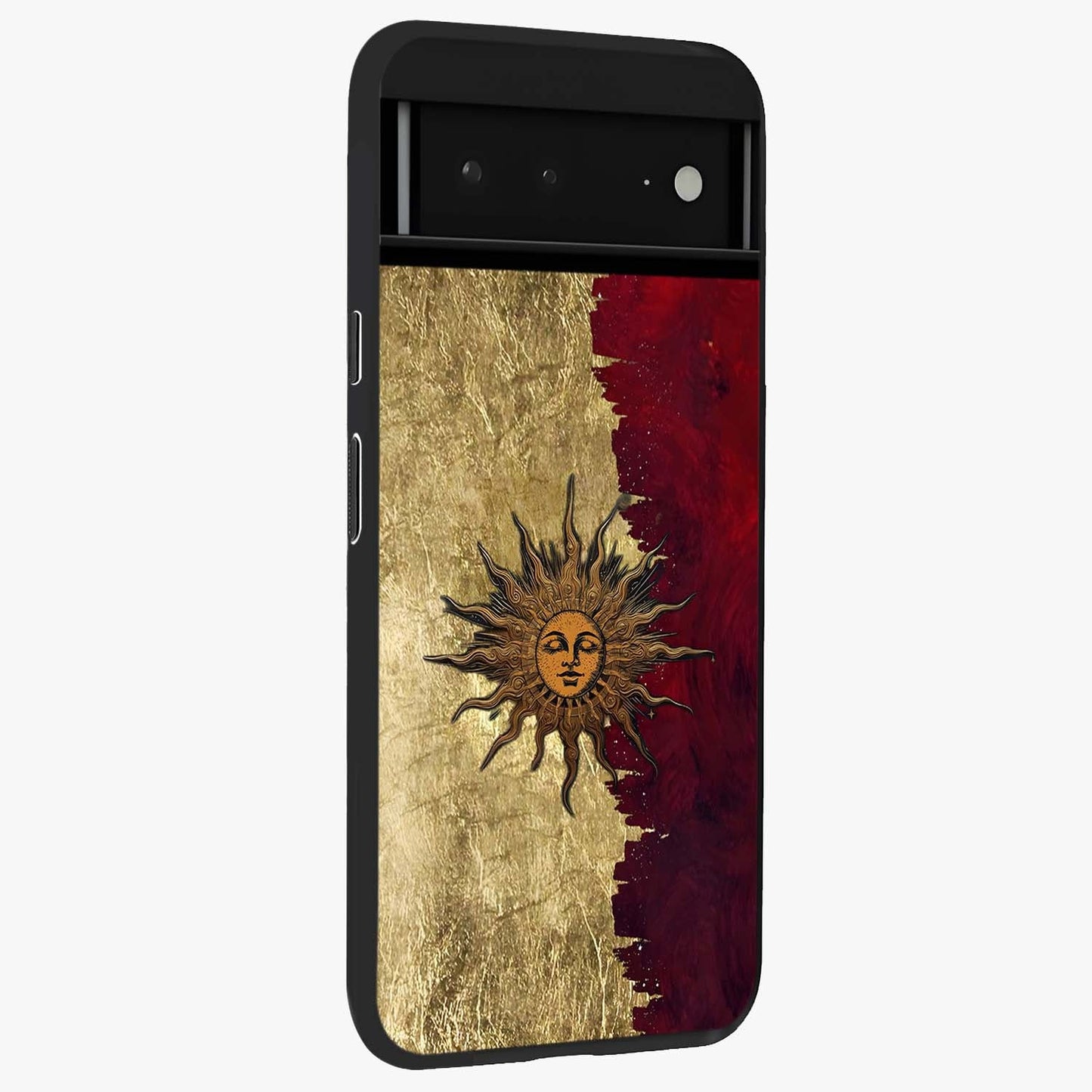 Crimson Sun Majesty Glass Case upright view showcasing vibrant sun artwork with powerful celestial theme.