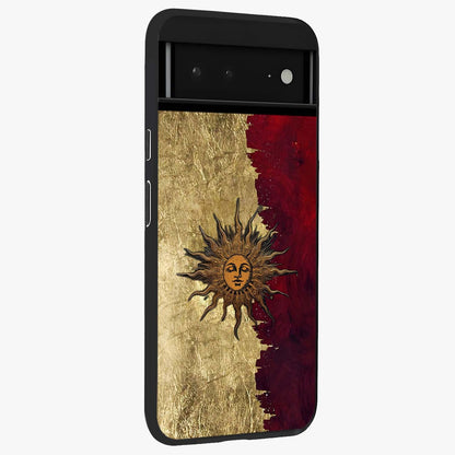 Crimson Sun Majesty Glass Case upright view showcasing vibrant sun artwork with powerful celestial theme.