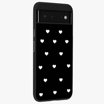 Cute And Simple White Hearts Glass Case upright view showcasing simple white hearts artwork with soft minimal theme.