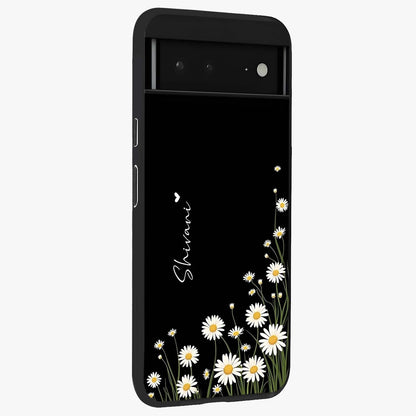 Daisy Cascade Custom Name Glass Case upright view showcasing elegant floral cascade design with personalized aesthetic.