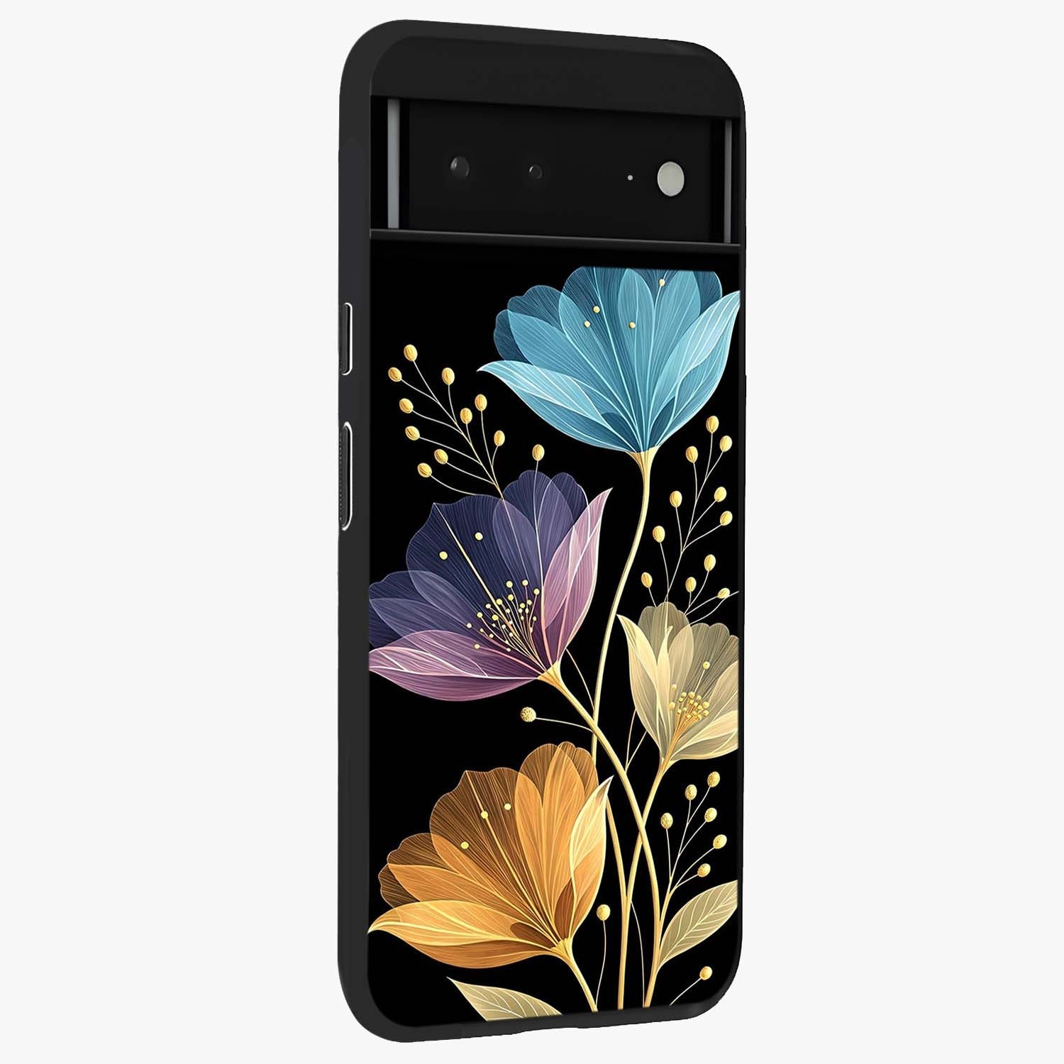 Delicate Multicolor Flowers Glass Case upright view showcasing delicate floral artwork with bright botanical theme.