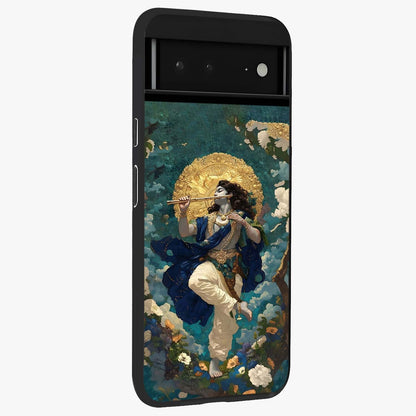 Divine Krishna Art Glass Case upright view showcasing divine Krishna artwork with sacred artistic theme.