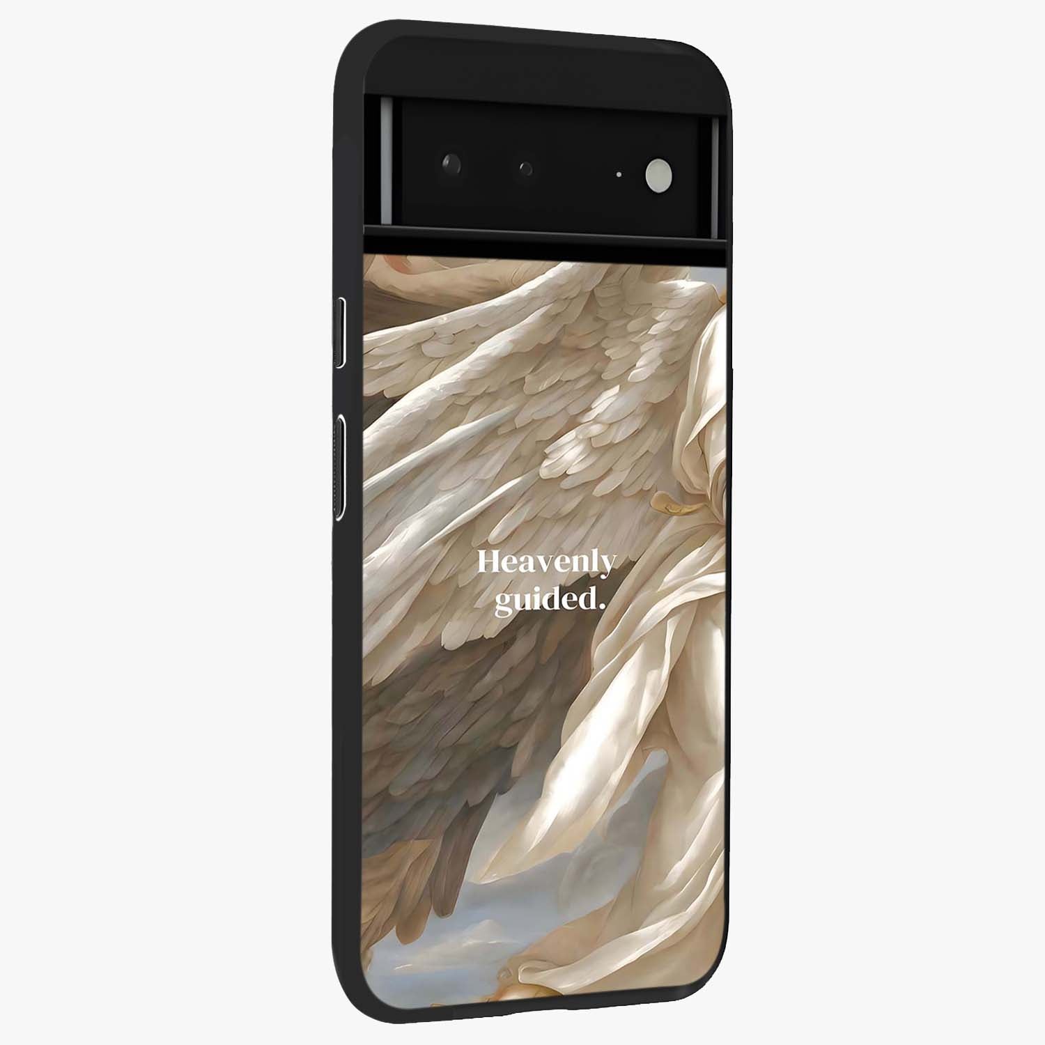 Divine Winged Grace Glass Case upright view showcasing spiritual wing artwork with soft celestial theme.