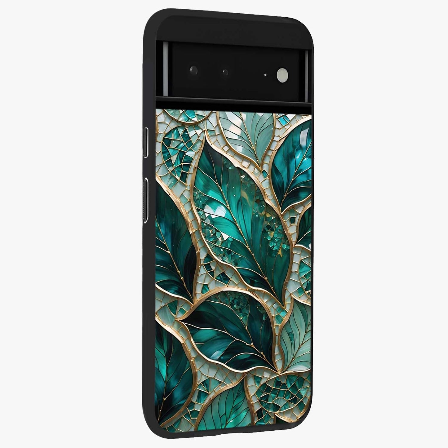 Emerald Leaf Glass Glass Case upright view showcasing fresh green leaf artwork with calming nature inspired style.