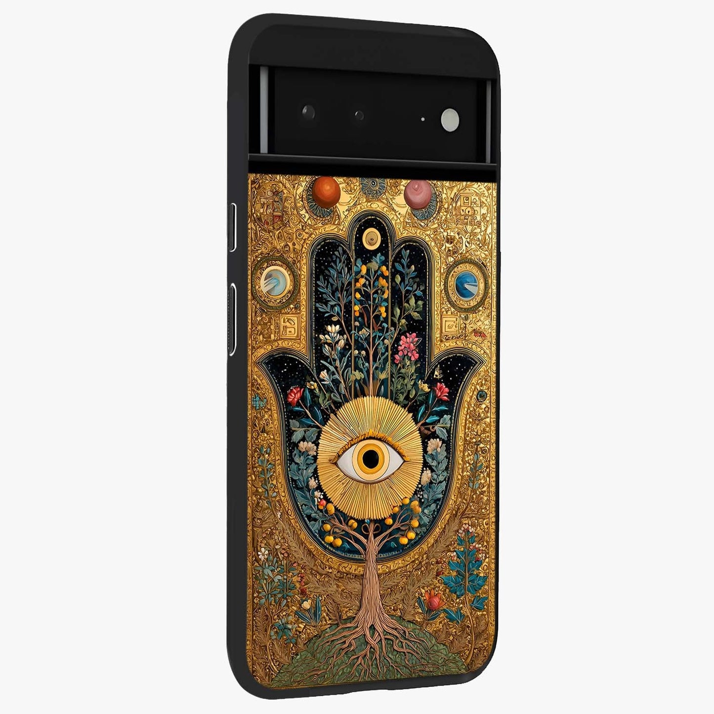 Ethereal Evil Eye Glass Case upright view showcasing celestial evil eye artwork with mystical theme.