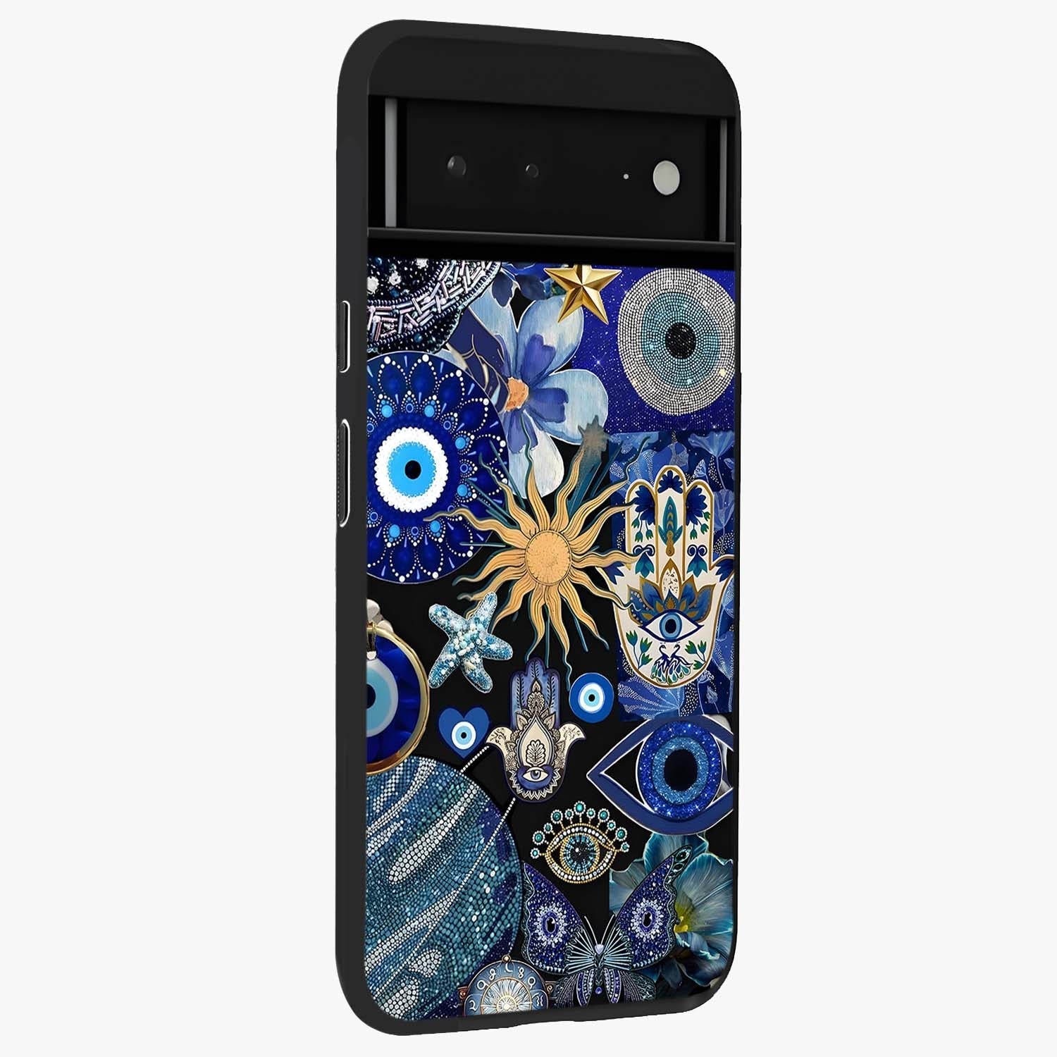 Evil Eye Charm Mix Glass Case upright view showcasing mystical evil eye pattern with vibrant decorative style.