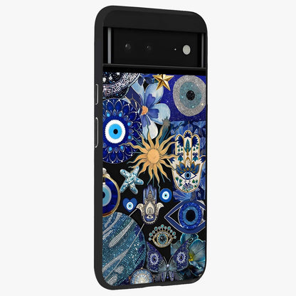 Evil Eye Charm Mix Glass Case upright view showcasing mystical evil eye pattern with vibrant decorative style.
