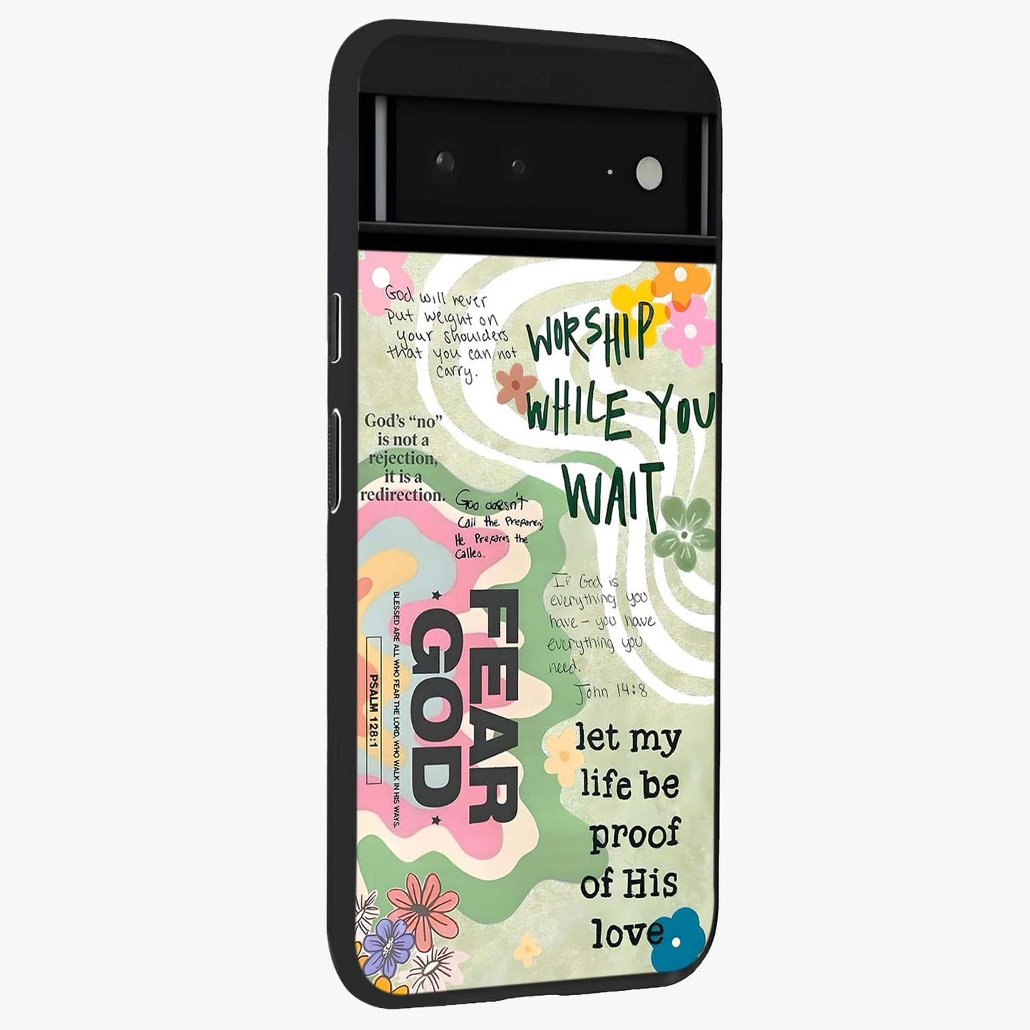 Faith Over Fear Glass Case upright view showcasing bold typography artwork with uplifting motivational theme.
