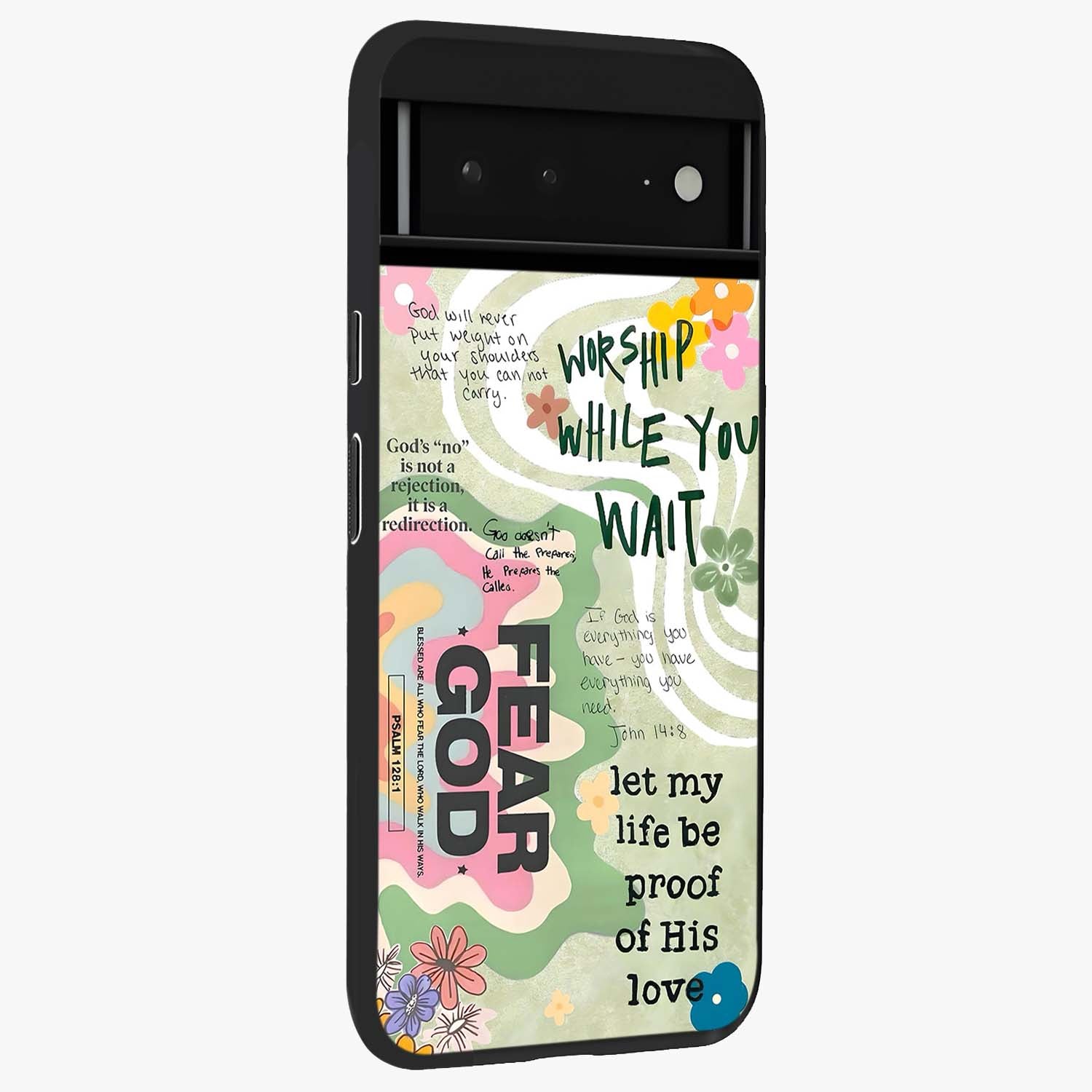 Faith Over Fear Glass Case upright view showcasing bold typography artwork with uplifting motivational theme.