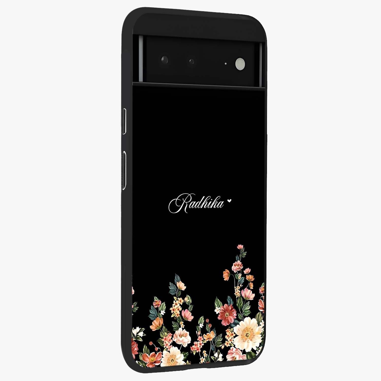 Floral Design With a Custom Personalized Name Glass Case upright view showcasing delicate floral artwork with personalized aesthetic style.