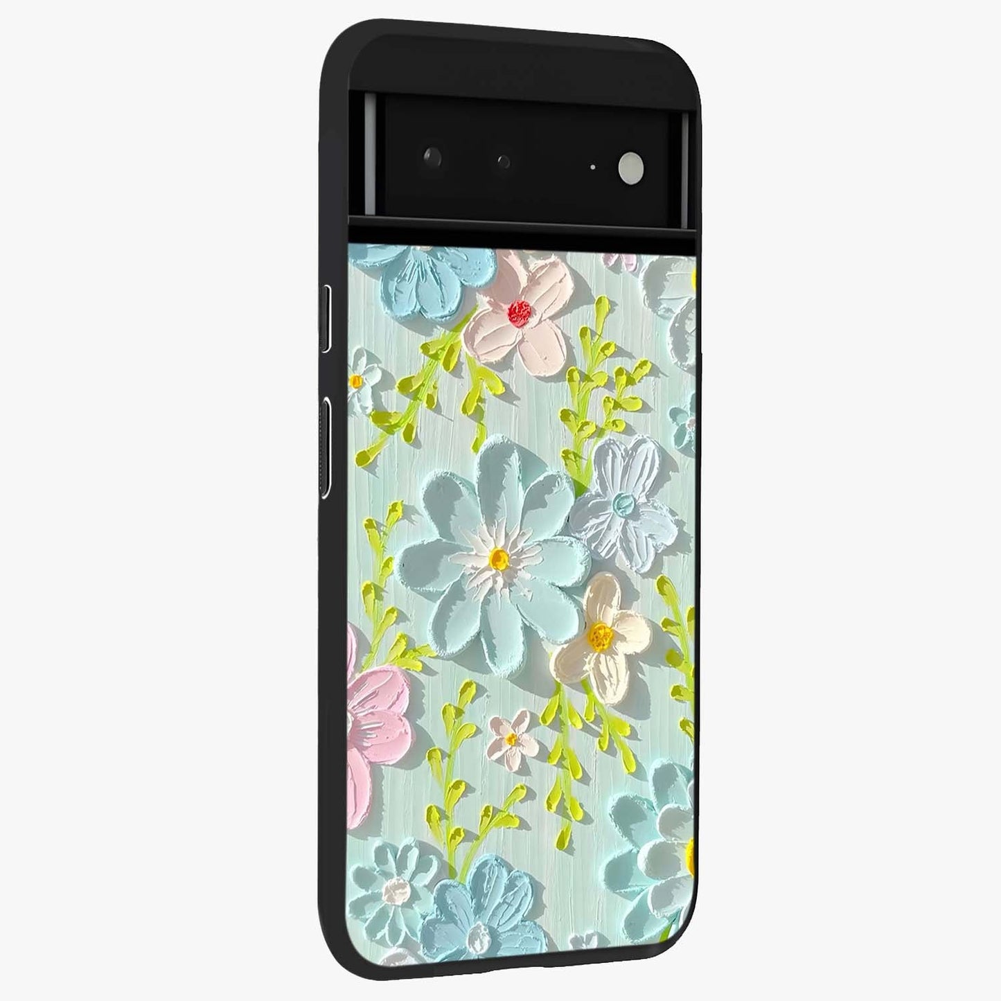 Frosted Petal Garden Glass Case upright view showcasing elegant floral garden artwork with soothing pastel theme.