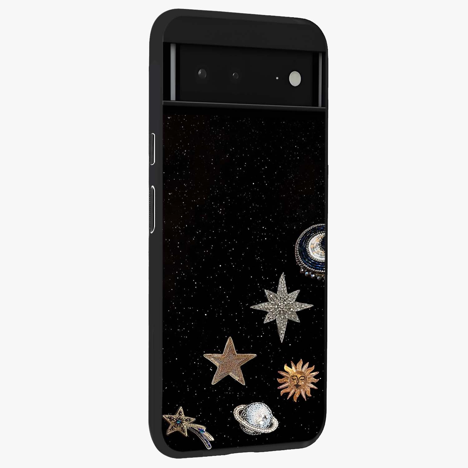 Galactic Charm Glow Glass Case upright view showcasing glowing cosmic charm artwork with magical celestial style.
