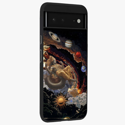 Galactic Divine God Glass Case upright view showcasing mystical divine artwork with dramatic cosmic theme.