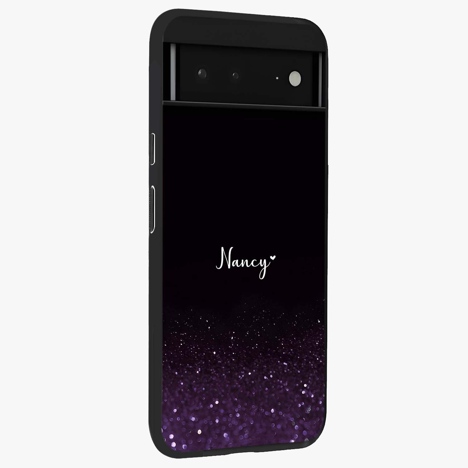 Glittery Purple Bokeh Custom Name Glass Case upright view showcasing vibrant purple sparkle artwork with personalized aesthetic style.