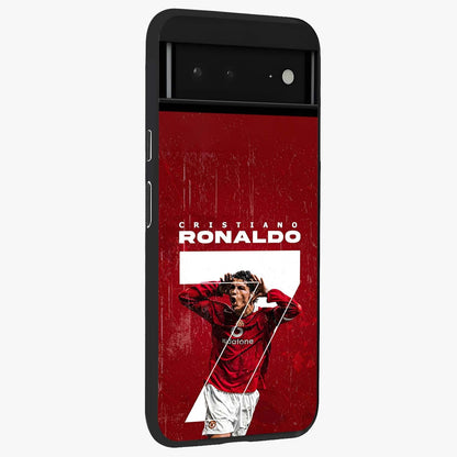 Goal Celebration Legacy Glass Case upright view showcasing dynamic football inspired artwork with victory celebration aesthetic.