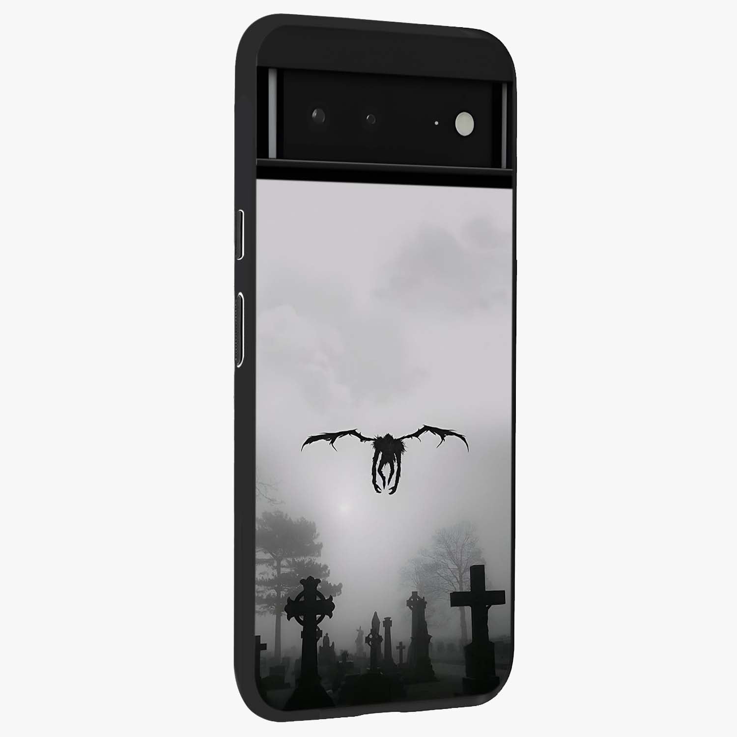 Graveyard Shadow Descent Glass Case upright view showcasing haunting graveyard artwork with dramatic dark theme.