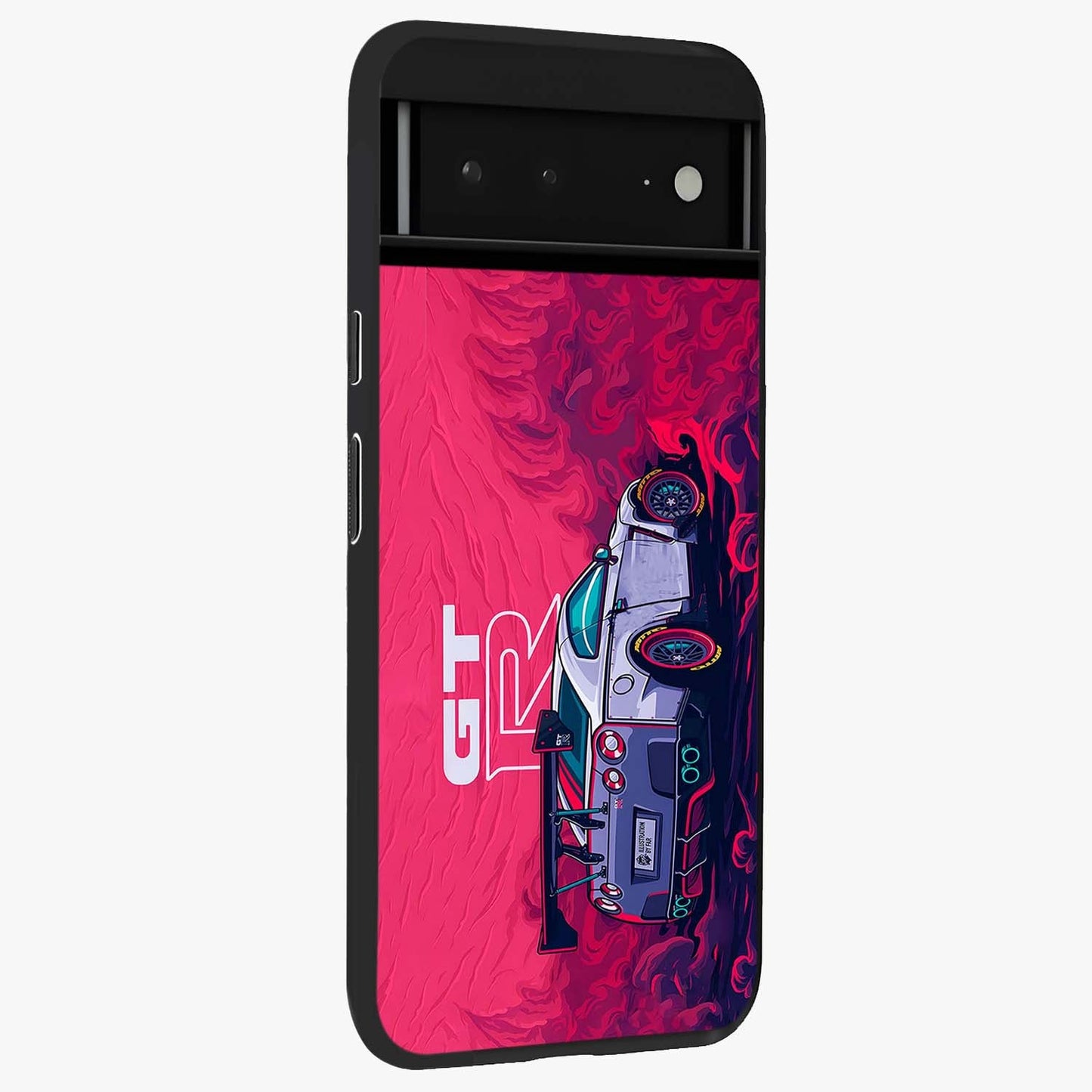 GT-R Car Pattern Glass Case upright view showcasing dynamic car pattern artwork with modern sports theme.