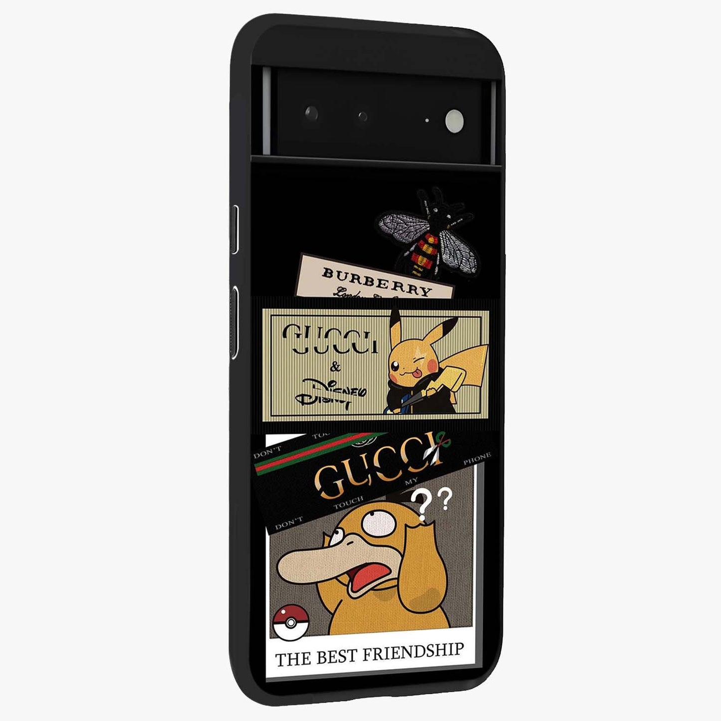 Gucci Play Mashup Glass Case upright view showcasing trendy luxury inspired artwork with modern fashion theme.